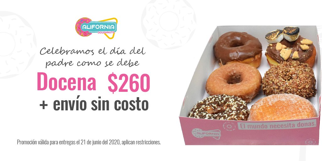 CaliforniaDoug2's tweet photo. Aprovecha esta promo para probar nuestras donas y de paso quedar bien con tu papá. Pide tu docena por lo menos un día antes por DM y disfruta. 🍩✨

*Promoción válida para entregas el 21 de junio del 2020, aplican restricciones en zona de envío. No incluye donas rellenas. https://t.co/Z8B7GEzOpK