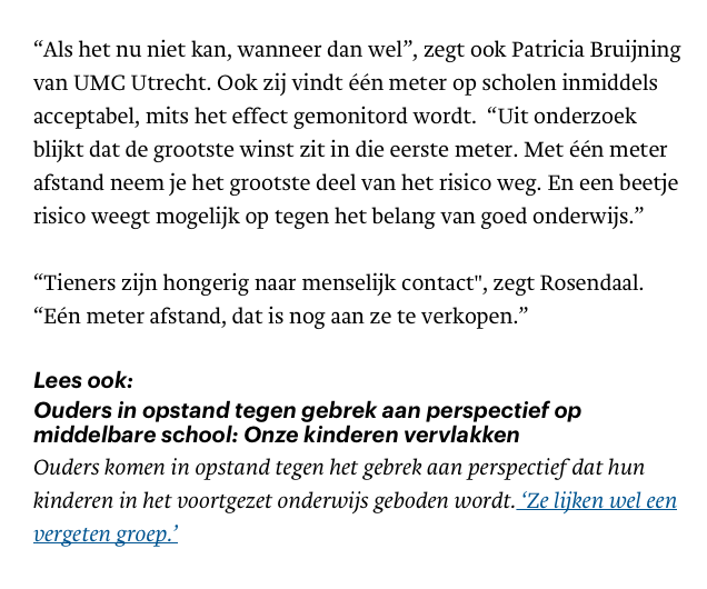 Het is urgent dat jongeren elkaar en vertrouwde volwassenen weer live kunnen zien op school, aldus professionals in jongeren-begeleiding. Contact is essentieel voor hun sociale en emotionele ontplooiing maar ook voor leren + cognitieve ontwikkeling (Trouw) trouw.nl/nieuws/het-inf…