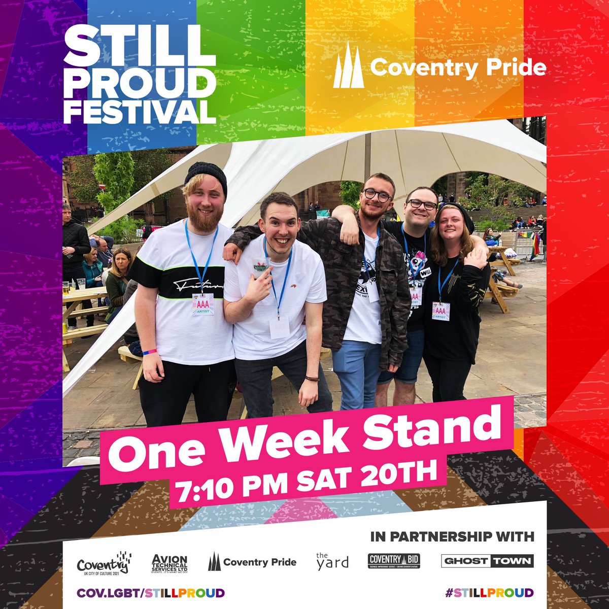 oneweekstand's tweet photo. Tomorrow, we return to @pridecov for the 4th time &amp; you can watch us from the comfort of your own living room! We’re on at 7:10pm performing an acoustic set live from @TheYardCoventry. The live stream will be available on all of Cov Pride’s social media platforms &amp; website! https://t.co/jszB5MZayh