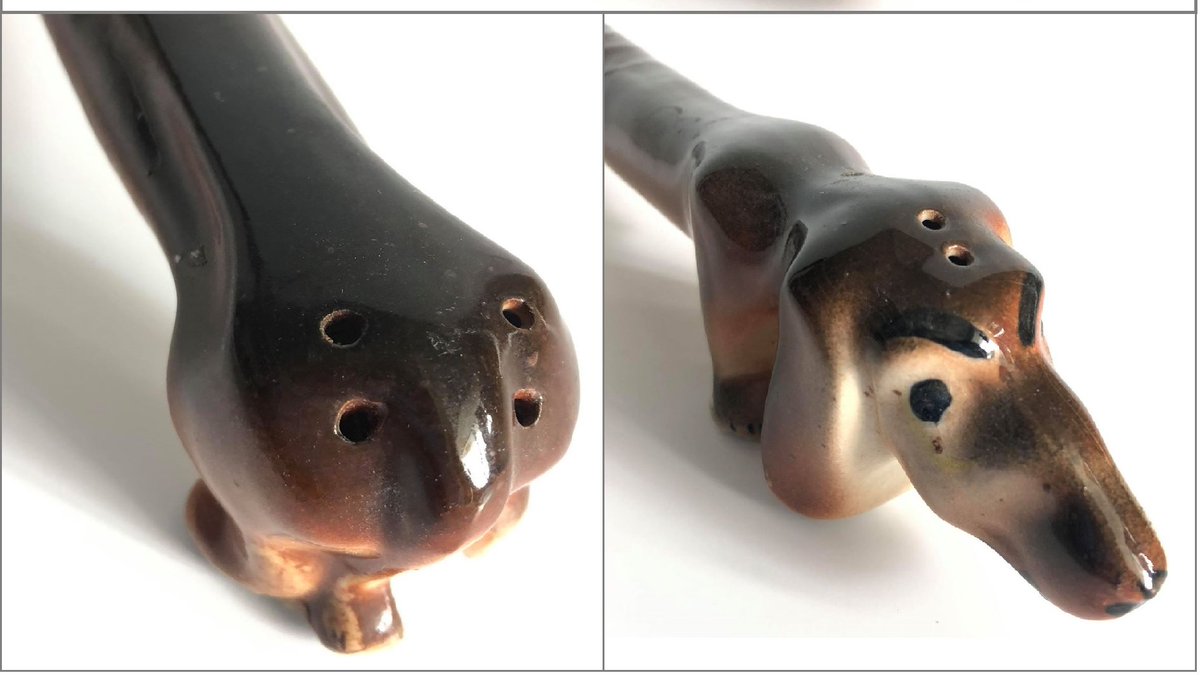 JennaLocke's tweet photo. @YorkshireMuseum Red Lake Regional Heritage Centre's entry for this week's #CuratorBattle is another Gramma Gene artefact. She collected many things in her life, including more than 5,000 salt and pepper shaker sets. Our #BestDog is this sausage dog salt and pepper shaker @YorkshireMuseum https://t.co/Ih0IlI82MI