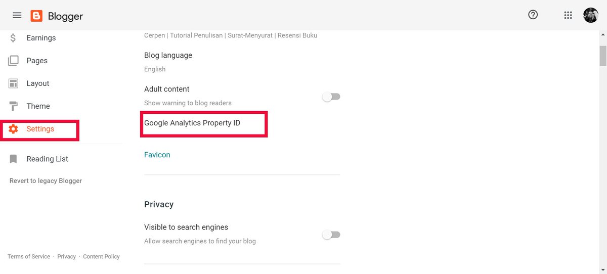21. D. Masuk ke dashboard Blogger >> settings >> Google Analytics Property ID