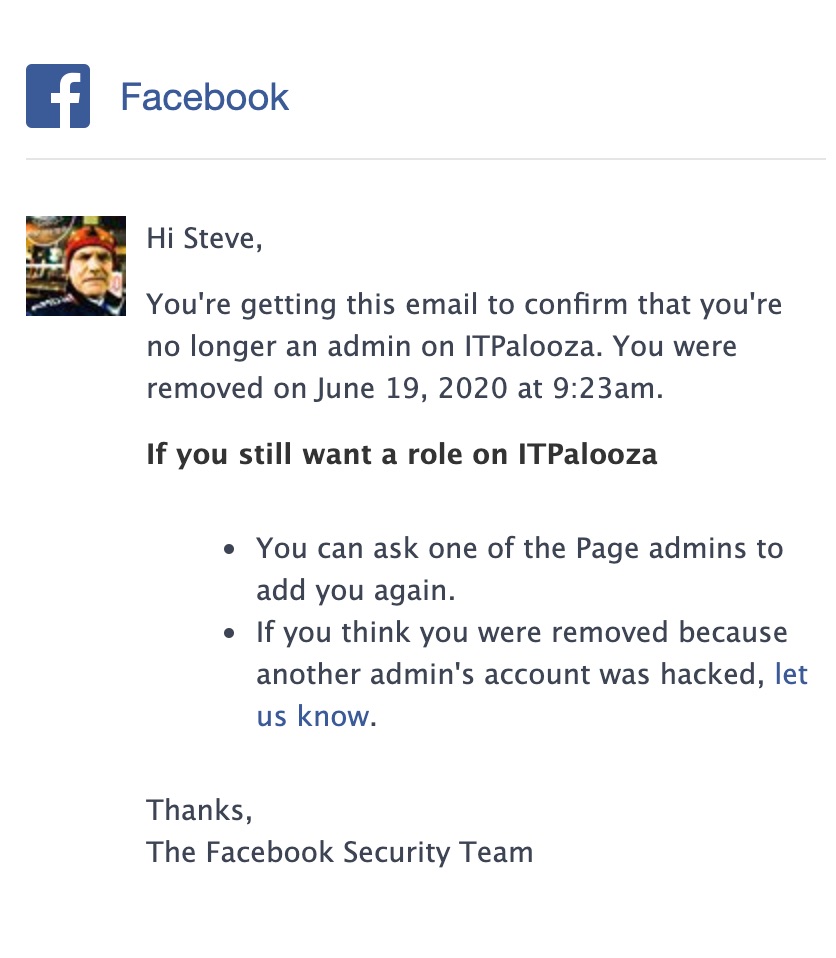 e2mktg's tweet photo. You know things are out of whack when someone removes you from your own Facebook page. @ITPalooza https://t.co/i56nsLtcam