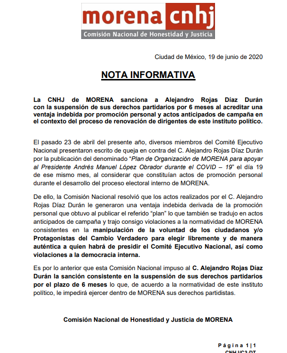 CNHJ_Morena's tweet photo. La CNHJ informa la emisión de la resolución del expediente CNHJ-NAL-319-2020, en donde se sanciona al C. Alejandro Rojas Díaz Durán con suspensión de derechos partidarios por un término de 6 meses.
Disponible: https://t.co/WD8SRlOH6w 
@diazpol @arroyolegaspi @GabrielaRodr108 https://t.co/xUdMu3Et8e