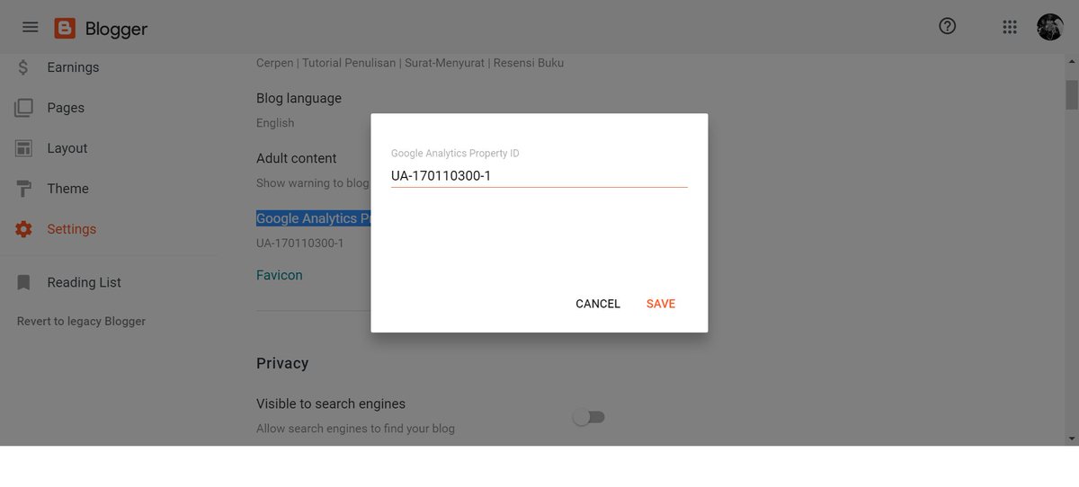 22. E. Paste Tracking ID yg kamu copy dari akun GA tadi >> save.