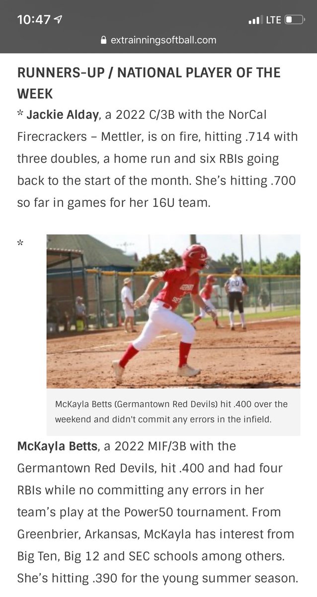 Extremely honored and excited for this recognition from <a href="/ExtraInningSB/">EXTRA INNING SOFTBALL</a> !! Ready to start another weekend tonight at 5:00 <a href="/Tbolts5Star/">Tbolts Fivestar</a>