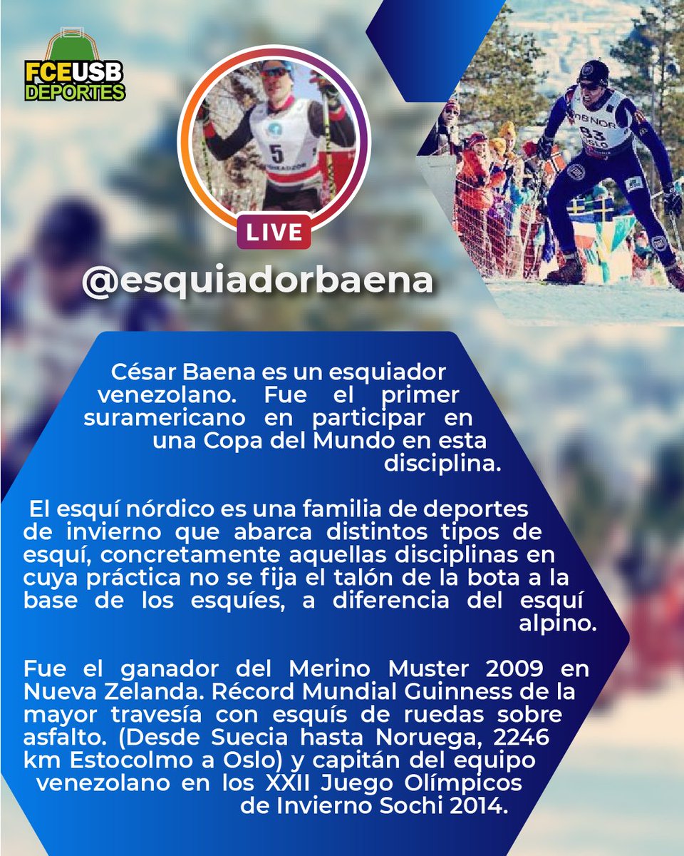 DeportesFCEUSB's tweet photo. No te lo puedes perder! Nos contará además acerca de su mayor travesía la cual lo llevo a ganar un Record Mundial Guinness!🥇

Te esperamos en nuestro instagram live el lunes a las 3pm! https://t.co/k6znj0j5mL