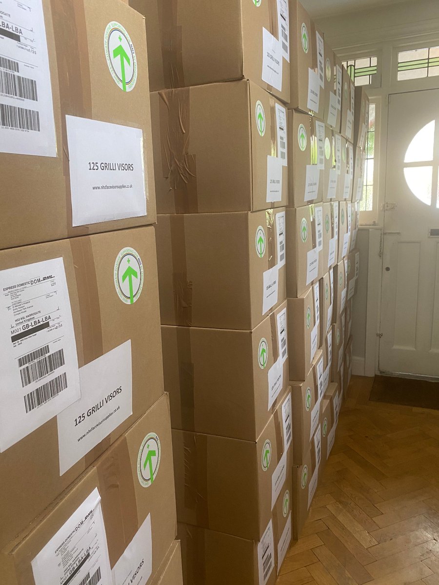 nhsfacevisor's tweet photo. All boxes of face visors collected today to be delivered to care homes across the country. #PPE #Carehomes #FaceVisors https://t.co/d8qMGfxv5s