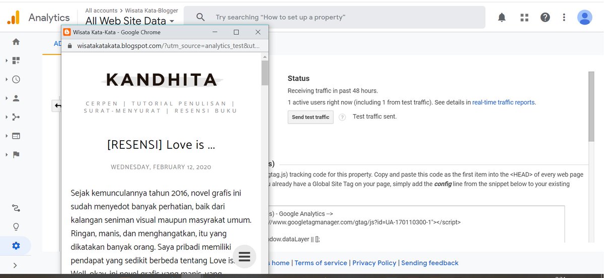25. Nanti akan muncul pop up blog kamu seperti ini. Kalau sudah bisa send test traffic, berarti udah bener.Selamat, kamu sudah bisa memasang GA di Blogspot.