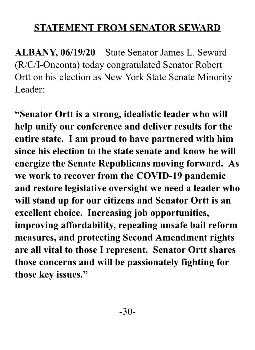 Congratulations to <a href="/SenatorOrtt/">Rob Ortt</a> a strong, idealistic leader who will unify our conference and deliver results for the entire state.