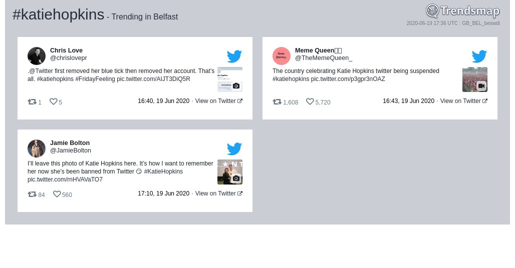 TrendsBelfast's tweet photo. #katiehopkins is now trending in #Belfast

https://t.co/JAN99fet0s https://t.co/fA0EeL4RfJ