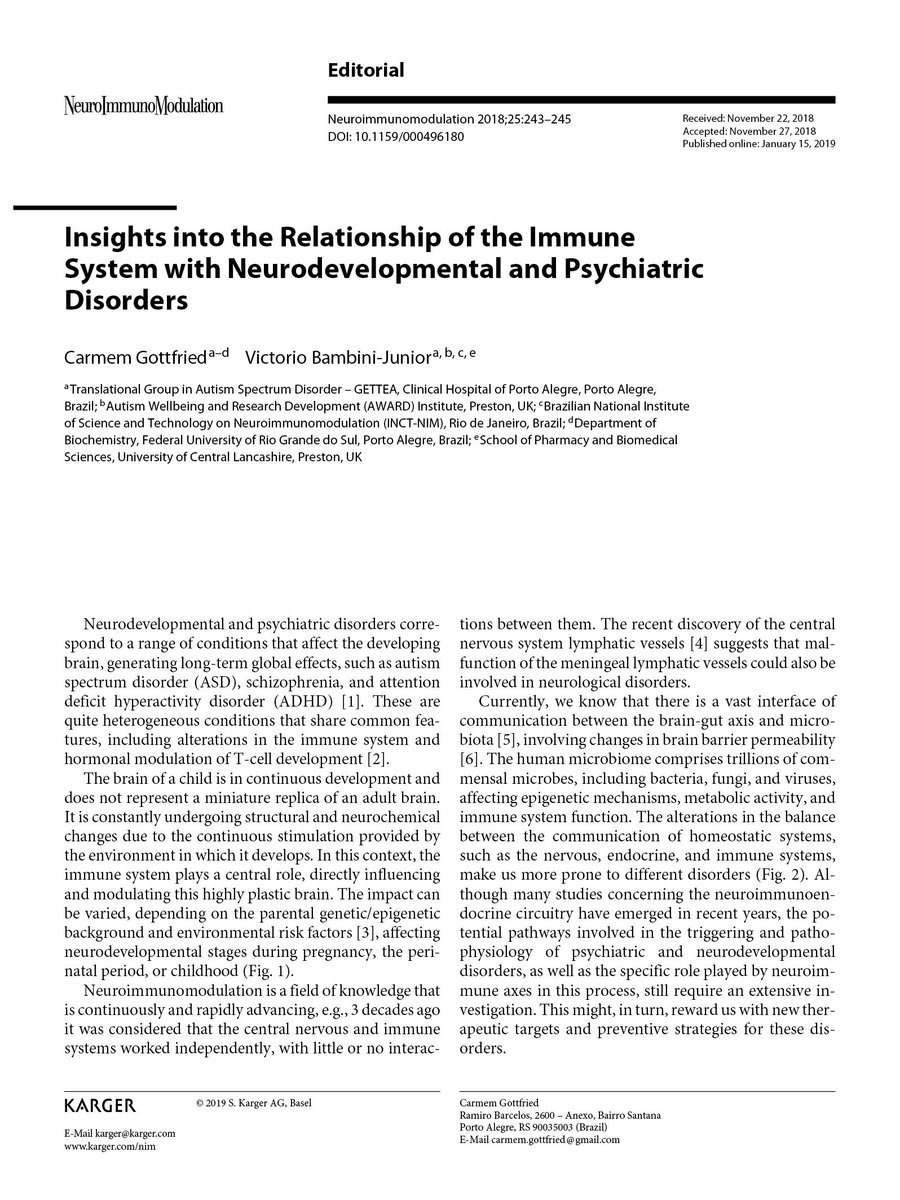 In this issue, published in #Neuroimmunomodulation, editors invited distinguished researchers to discuss ‘immune subjects’ relevant to the pathophysiology and aetiology of neurodevelopmental and psychiatric conditions. <a href="/KargerPublisher/">Karger Publishers</a> | <a href="/CarmemGottfried/">Carmem Gottfried</a>
doi.org/10.1159/000496…