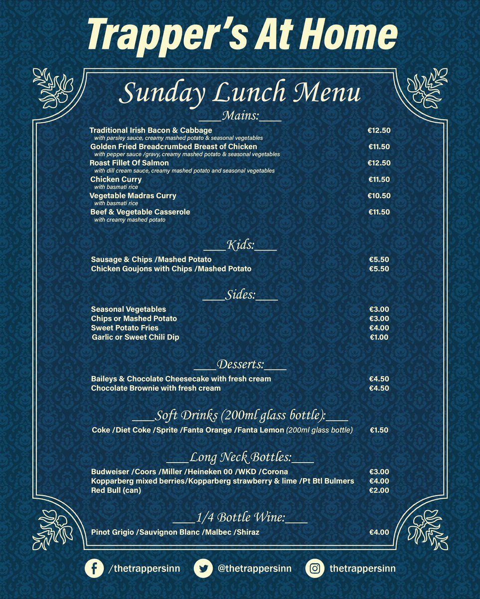 Treat your dad this Father’s Day with a Sunday lunch from the Trappers. 

To place your order, WhatsApp or call 0872932088 or alternatively click on the link below
👉 …e-trappers-inn.clickandcollection.com

Lunch collection is from 12-5pm 
#fathersday #trappersinn #sundaycarvery #sundayroasts
