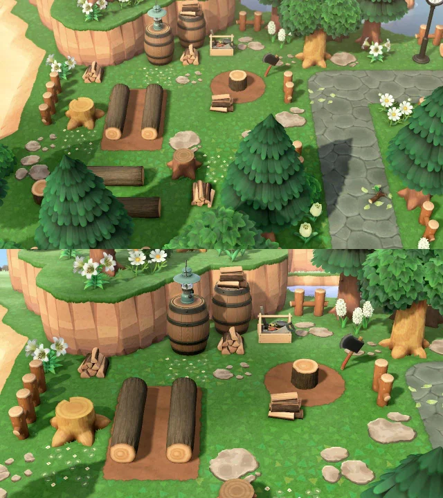 192. Un coin pour les bûcherons ! (Source :  https://www.reddit.com/r/AnimalCrossing/comments/h9zrzd/i_designed_a_cozy_and_small_lumber_yard/)