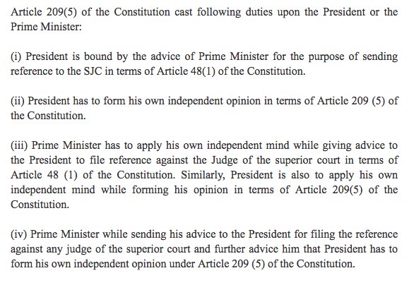 reema_omer's tweet photo. Shahzad Akbar trying to downplay role of PM/President in sending references to SJC, reducing their role to mere post offices to avoid responsibility

However, Art 209 obligates them to apply their minds before deciding to send reference

And today, that decision was quashed by SC https://t.co/v0vcnSn7cl