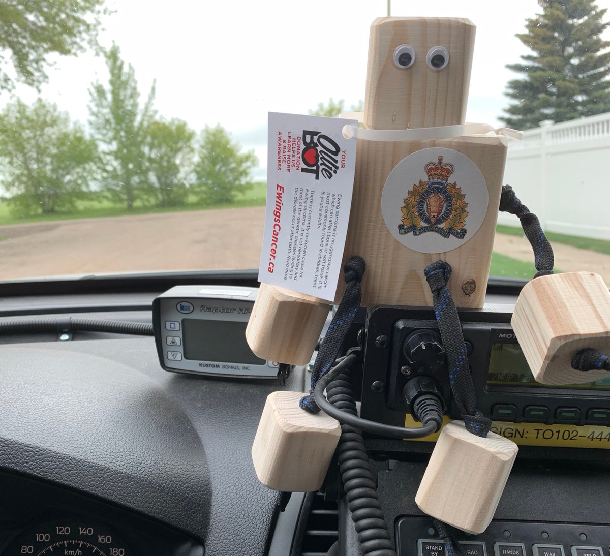 RCMPAlberta's tweet photo. An #OllieBot made its way to #TwoHills all the way from Antigonish, NS. OllieBots were created by Oliver Smith to raise money for Ewing Sarcoma research, a rare bone cancer he was diagnosed with. #CommunityMember https://t.co/PTOH9ug96W