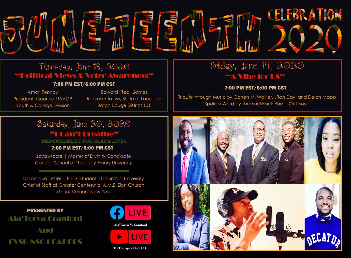 AVCranford's tweet photo. TODAY we move to day 2 of the Juneteenth Celebration w/ @WalkerGarren @DeionMapp @dayjay16 as they share through music & poetry “A Vibe for US” #Juneteenth #ToInspireOne #FVSU
FACEBOOK LIVE (Ala’Torya V. Cranford): 7:00pm EST/6:00pm CST
YOUTUBE LIVE: To Inspire One, LLC https://t.co/V5ucQfIevq