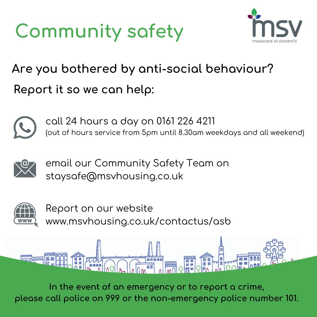 We believe that people have the right to enjoy a quiet and peaceful life at home. If you experience anti-social behaviour in your neighbourhood, please report your concerns to our Community Safety Team on 0161 226 4211 or visit msvhousing.co.uk/news/community… for more information.