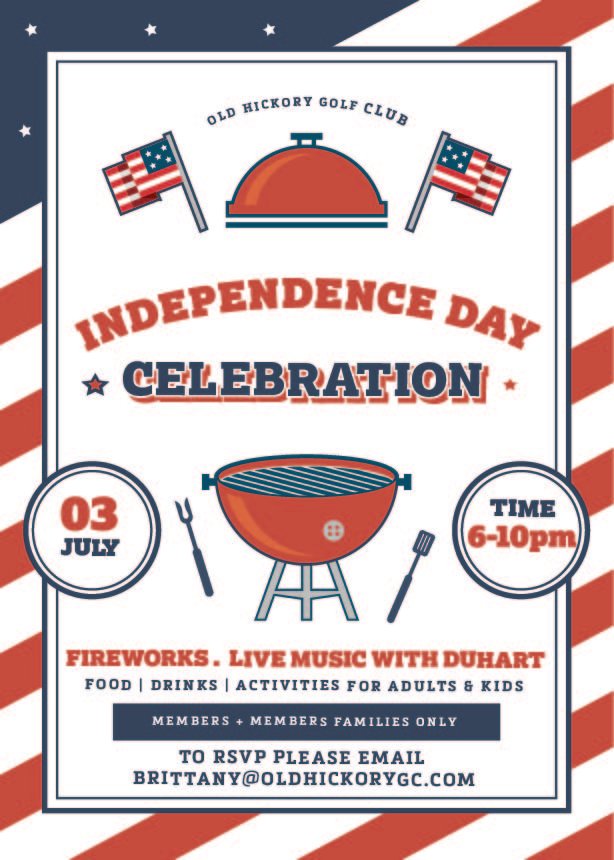 Old Hickory GC (@oldhickorygc) on Twitter photo Members + Member's Families: Join us on July 3rd from 6PM-10PM for an Independence Day Celebration! π
Fireworks, Live Music with Band Duhart, Food & Drinks, and so much more!
To RSVP please email brittany@oldhickorygc.com (RSVP required but does not reserve your table) Members + Member's Families: Join us on July 3rd from 6PM-10PM for an Independence Day Celebration! π
Fireworks, Live Music with Band Duhart, Food & Drinks, and so much more!
To RSVP please email brittany@oldhickorygc.com (RSVP required but does not reserve your table)