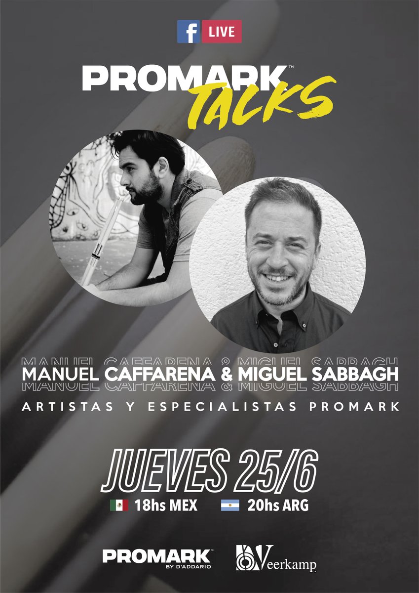 veerkamp's tweet photo. 🚨 Nuestro #TalentoVeerkamp @miguelsabbagh, quien es baterista de @MalditaVecindad 🥁, platicará con Manuel Cafarena, especialista de producto de @promarksticks. 🔥

📲 La cita es el jueves 25 de junio a las 18 hrs. 

#JuntosHaciendoMúsica 🎶 #PromarkDrumsticks 🎶 https://t.co/F9YuyWhUwa