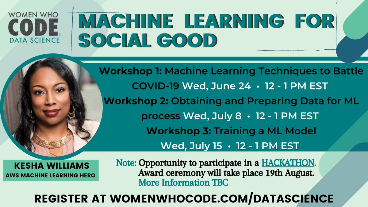 WWCodeData's tweet photo. ✨ SPECIAL ANNOUNCEMENT ✨ @KeshaWillz  announced at #ConnectDigital that she will be hosting a hackathon on the 19th August after the Machine Learning for Social Good workshop series! Amazing Prizes to be won - Watch this space! https://t.co/kTlhYrSE4z https://t.co/eY9NWJpycy