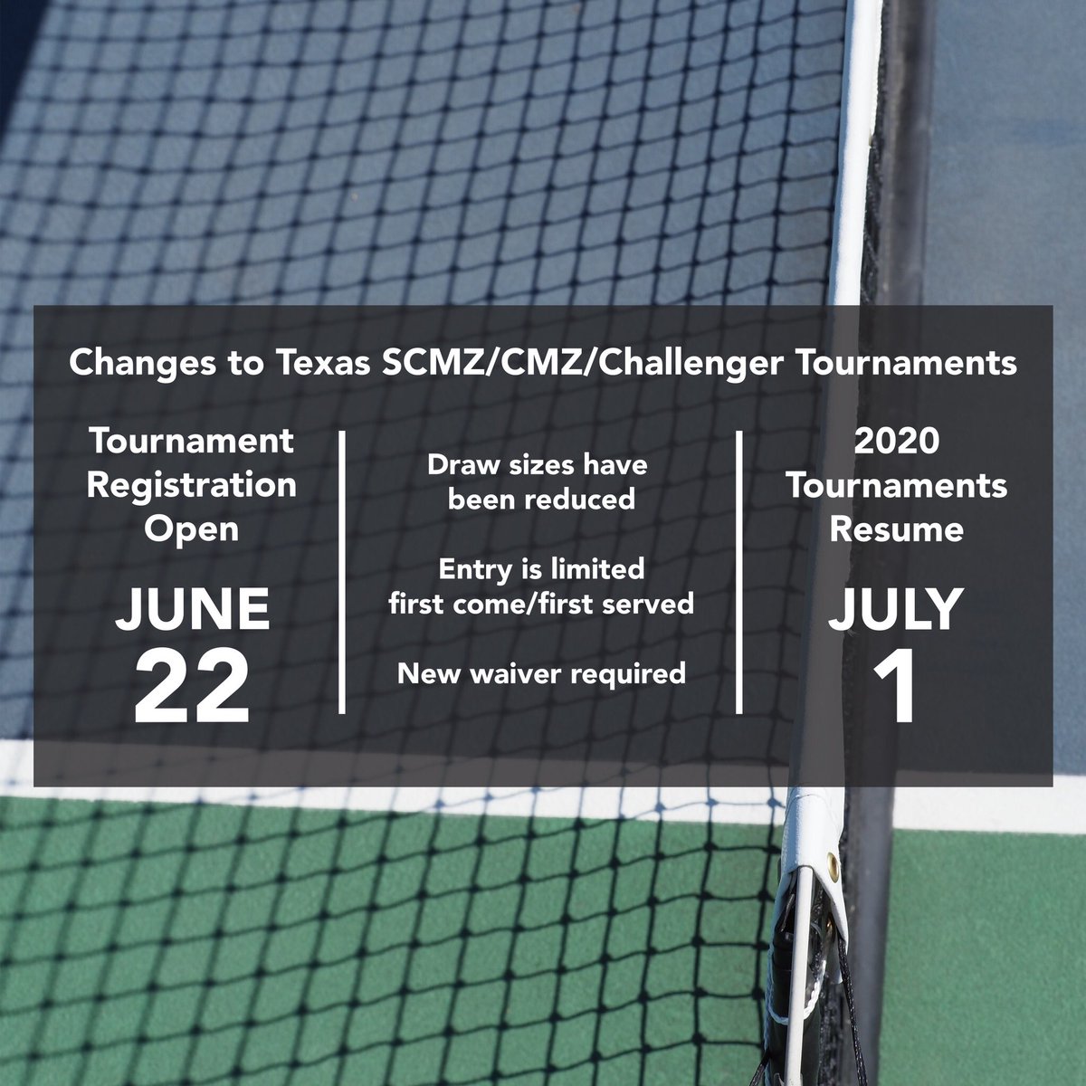 USTATexas's tweet photo. Junior Tournaments Update: 2020 junior SCMZ/CMZ/Challenger tournaments resume July 1, tournament registration opens June 22. Draw sizes have changed and entry is limited. Read the full details: https://t.co/GsvsYgGYcD https://t.co/qKOV7j7NrC