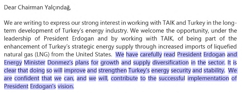The natural gas deal became public in two letters sent to Mehmet Ali Yalcindag, the Turkish business partner on Trump Towers Istanbul. The CEO of Louisiana energy company that sprang up two years ago sent him two letters anticipating Trump and Erdogan's backing.