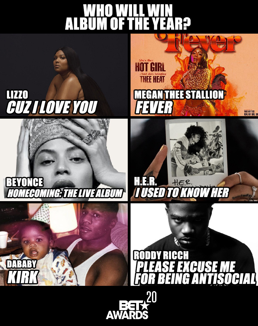 XXL's tweet photo. Who had the best album of the year? 💿

👤 Lizzo

👤 Megan Thee Stallion

👤 Beyonce

👤 H.E.R.

👤 DaBaby

👤 Roddy Ricch

 #BETAwards Tune in Sunday, June 28 at 8/7c https://t.co/DD63uyqYYH