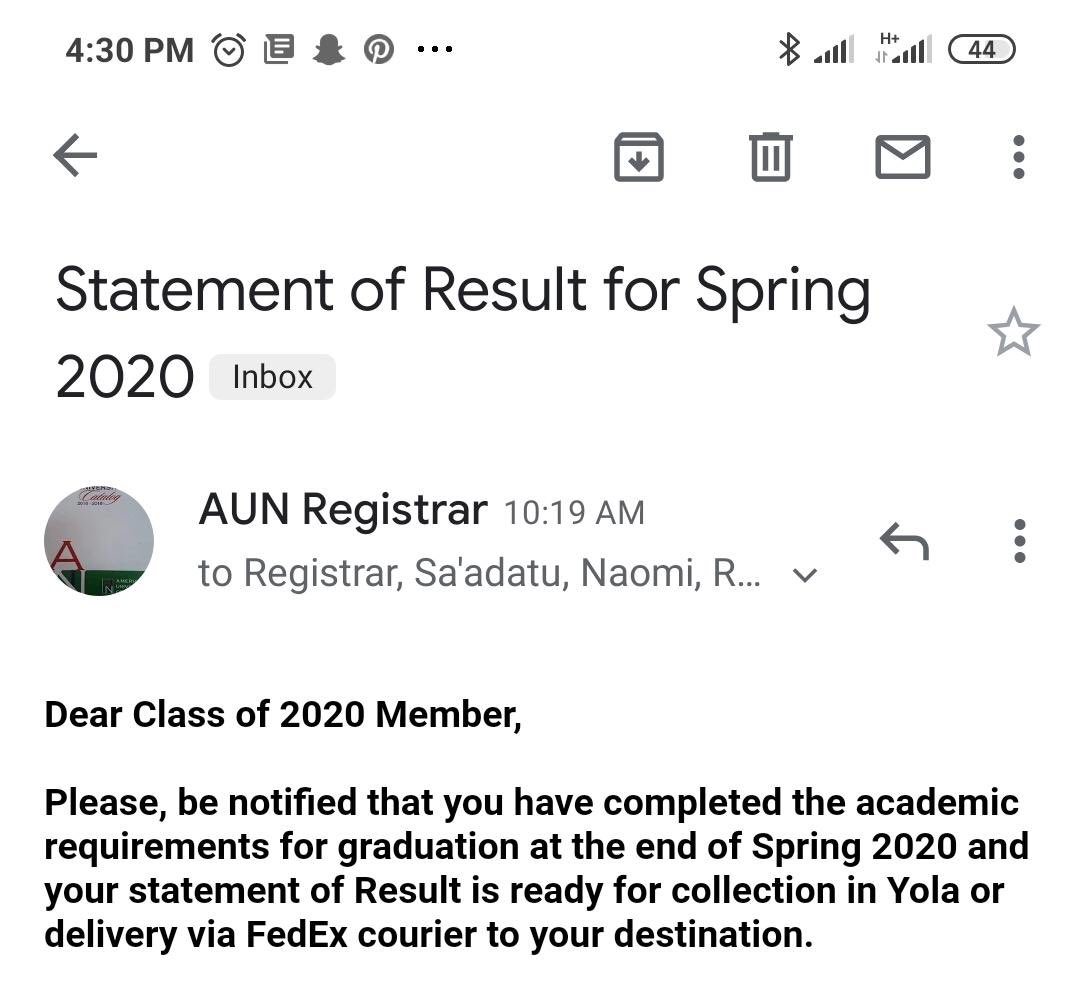 YusufAymaan's tweet photo. Finally, it’s official! Congratulations to @AUNigeria’s class of 2020, the class of game changers, Corona class 🎓🎉🍾 You’ve had enough lectures, I won’t add anything on top. Enjoy your achievement ❤️ https://t.co/ggEzqPD0mS