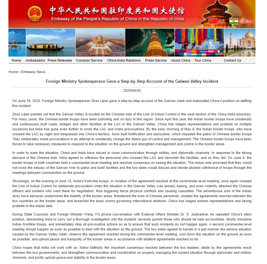 ANI's tweet image. China&apos;s Foreign Ministry Spokesperson Zhao Lijian gave a step-by-step account of the Galwan clash and elaborated China&apos;s position on settling this incident: Embassy of China in India