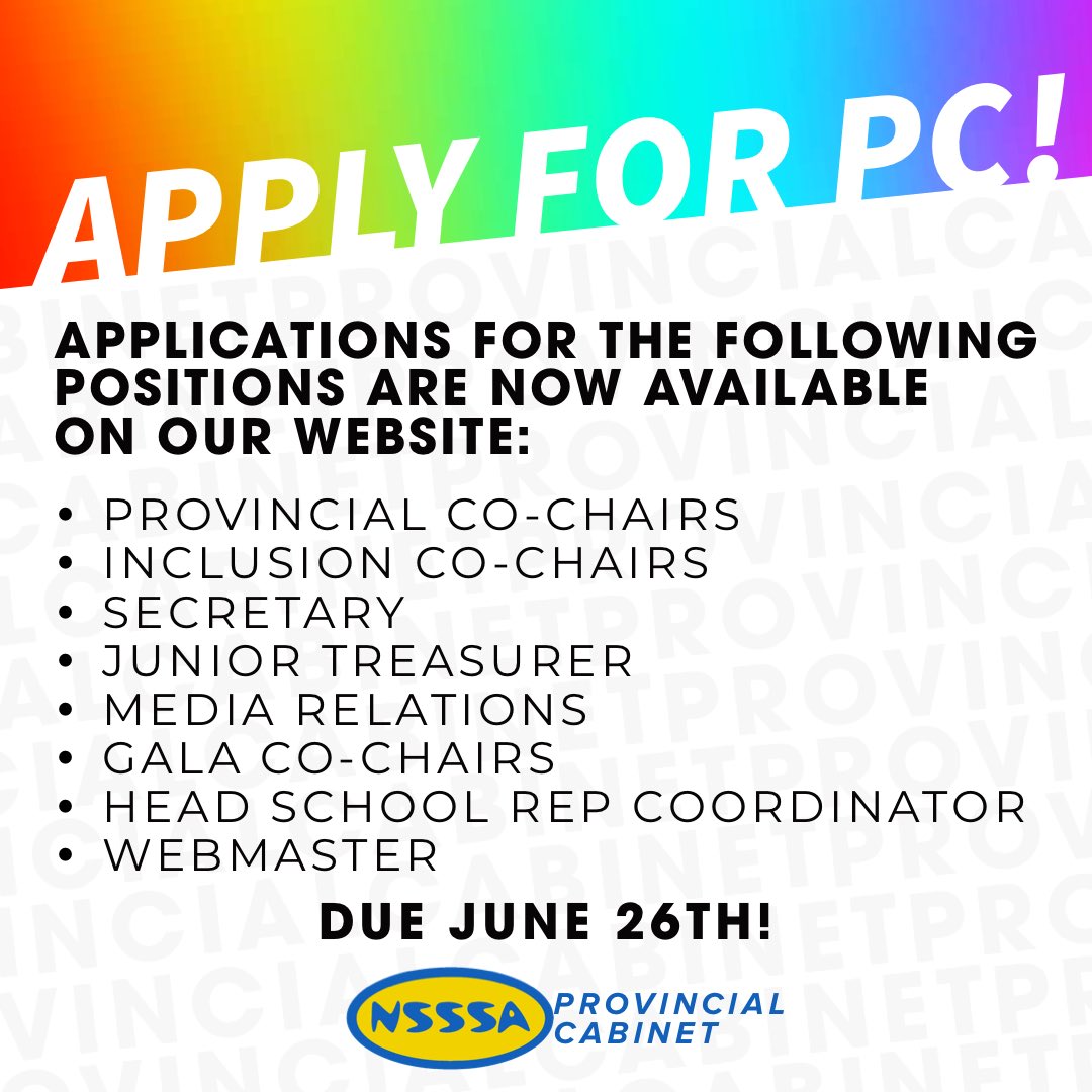 NSSSA's tweet image. Hey NSSSA! 💙💛 Applications are now open for the 2020-2021 provicial cabinet! Find the form to apply on our website under “join provincial cabinet”, and make sure to have them in no later than JUNE 26TH!