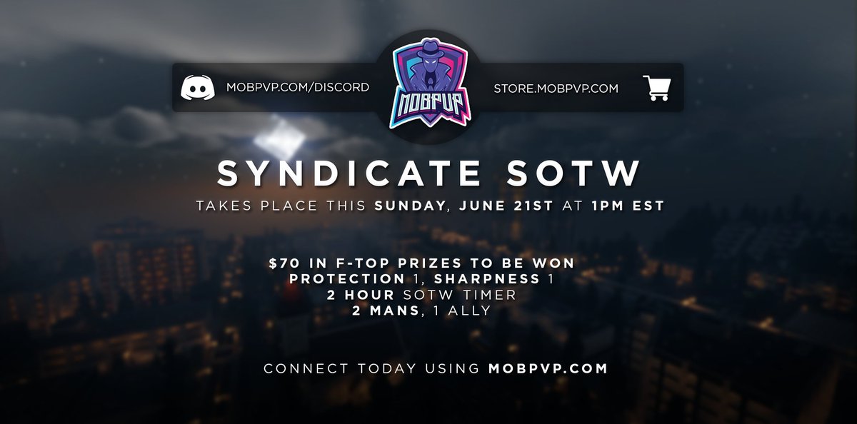 MobPvP's tweet image. Get ready for Syndicate HCF!

★ SOTW takes place on Sunday, June 21th @ 1PM EST!

In celebration, we&apos;re giving away the following:

★ 1x Outlaw Rank
★ 1x Bandit Rank
★ 1x Thug Rank

Like❤️+ RT🔁 to enter and good luck!💙

📝Map Info:
mobpvp.com/forums/threads…