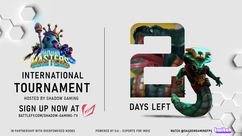 2️⃣ 2. DAYS. LEFT. 2️⃣

Sign up now on Battlefy.com/shadow-gaming-… to compete for the 💎 US $1000 💎Grand Prize!

Don't miss out on the biggest #MinionMasters #esports #Tournament ever right here on: 📺 twitch.tv/shadowgamingfps