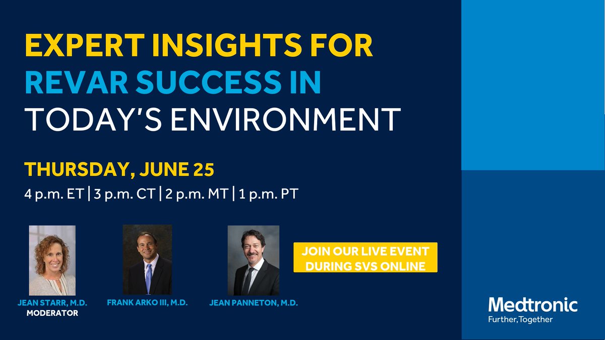 MDTVascular's tweet photo. #SVSONLINE2020 Attendees: Join us at a special virtual symposium at SVS ONLINE on June 25 at 4 p.m. ET! Drs. Jean Starr, Frank Arko and Jean Panneton will present EXPERT INSIGHTS FOR REVAR SUCCESS IN TODAY'S ENVIRONMENT. https://t.co/A1JJPDaqe0 https://t.co/ajBQmpWcXX