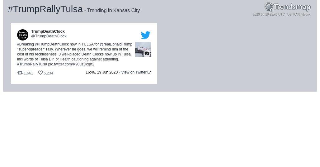 TrendsKC's tweet photo. #trumprallytulsa is now trending in #KansasCity

https://t.co/GwtGow0gSF https://t.co/L240PNjp7N