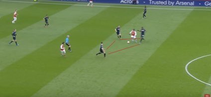 Analysis: Defensive improvements High line• Diop comes high up the pitch to retrieve possession of the ball. • The scissor press closes all possible angles for an Arsenal passing option.• Bowen and Fornals both come deeper to give Noble an option.
