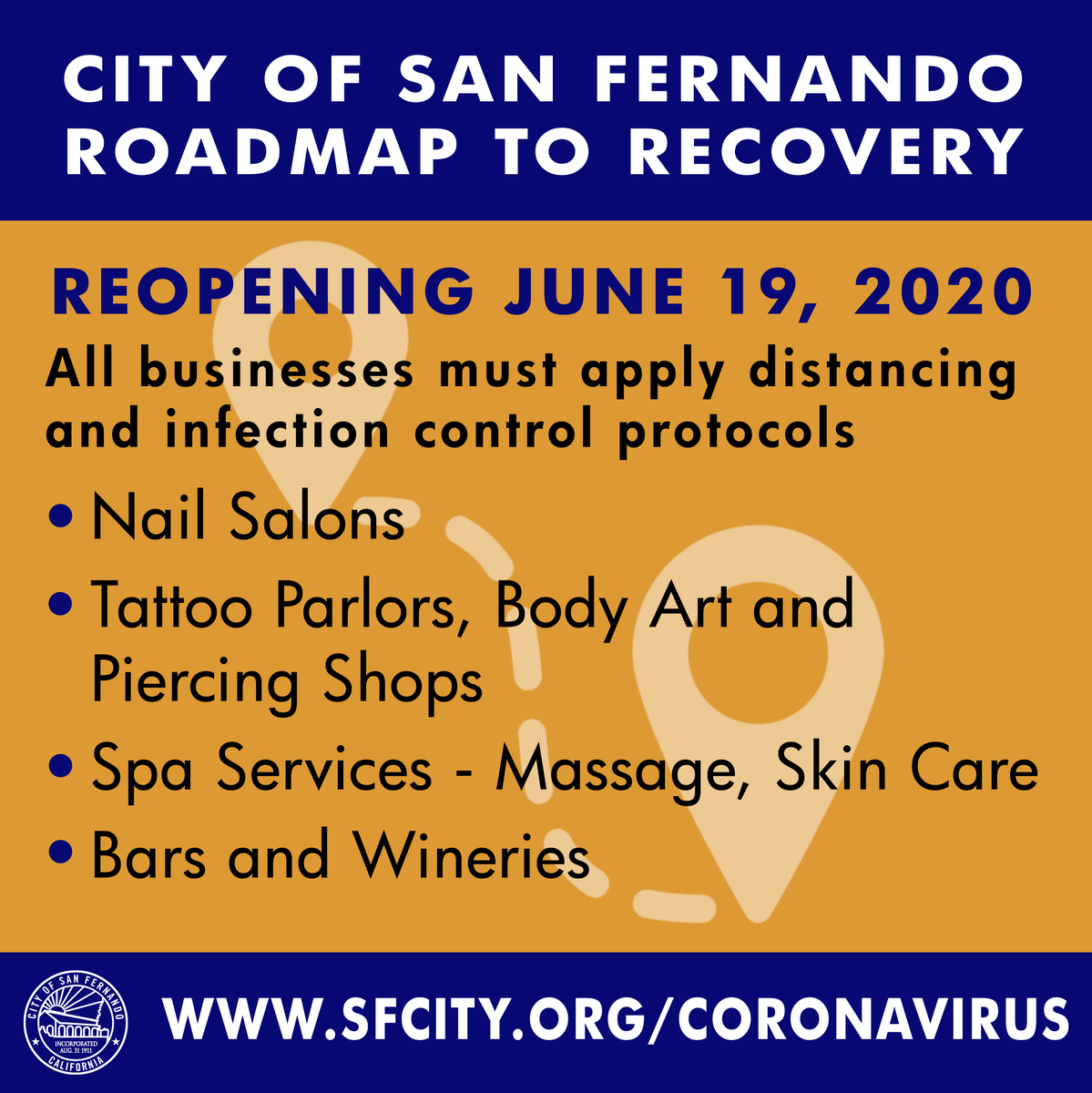 Recovery continues! Nail Salons, Tattoo Parlors, Body Art, Piercing Shops, Spa Services, Bars, Wineries, and Brewery Rooms are now allowed to open, with conditions. ow.ly/X84g50AcNBh #StayHealthySanFernando #WeAreInThisTogether #iLuvSanFernando
