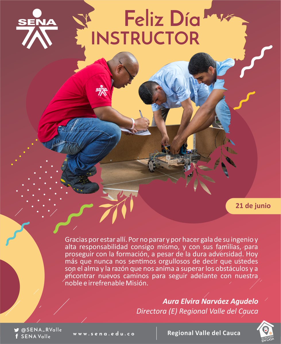 SENA_RValle's tweet photo. #InstructorSENA 🥳 🥂hoy celebramos tu día como un sentido homenaje, por ser uno de los pilares que nos sostiene y apoya en la tarea de ser lo que somos. ¡Gracias por ser parte del #SENAValle! #YoAmoElSENA https://t.co/d40vlKvNvR