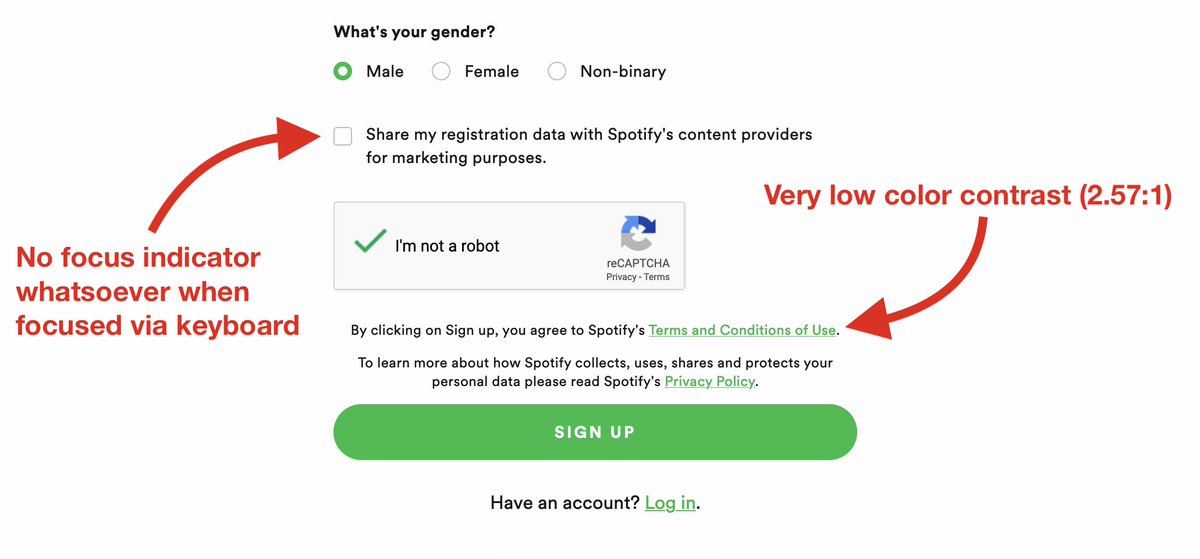 simevidas's tweet photo. Spotify’s sign-up form 😩

These are fundamental accessibility issues. Ignorance or negligence? Which one is it, Spotify? https://t.co/V1Clm6YP2I