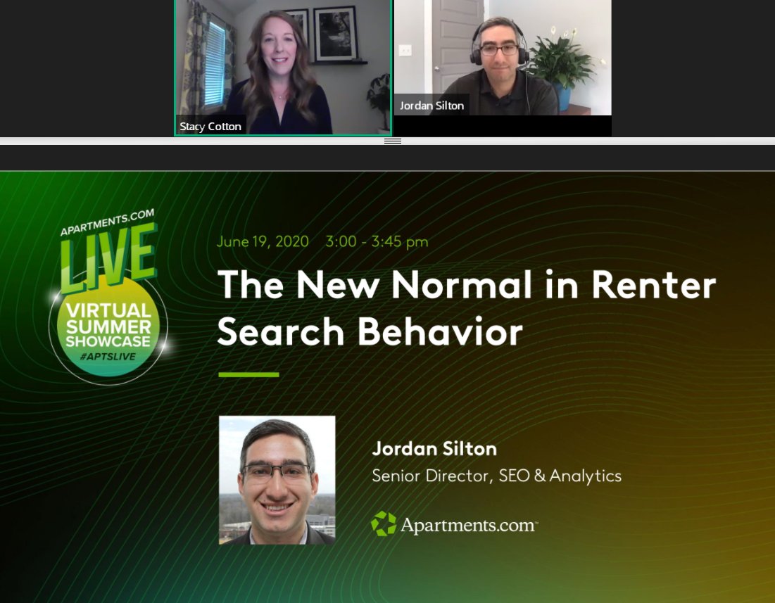 ApartmentsBiz's tweet photo. Welcome to the final session of #AptsLIVE: "The New Normal in Renter Search Behavior" with Jordan Silton, Senior Director, SEO & Analytics at @TheCoStarGroup.
Get the latest insights on #multifamily search behavior since #COVID19 and indicators about what may happen next. https://t.co/LuNKAF5Pr7