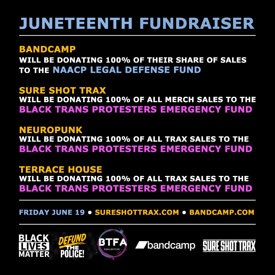 Juneteenth Fundraiser on @bandcamp today Fri 6/19! 100% of all <a href="/sureshottrax/">Sure Shot Trax</a> merch sales and 100% of all <a href="/neuropunkdj/">ACAB Barracus</a> and @terracehousetrx trax sales today will be donated to the BLACK TRANS PROTESTER EMERGENCY FUND. Fundraiser ends tonight at midnight.

sureshottrax.com