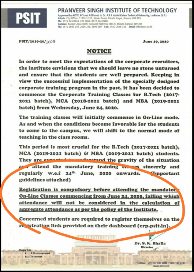 adi_patel0099's tweet photo. In this pandemic situation our college 'PSIT Kanpur' is having the audacity of asking us to submit fees i.e. 1.2 Lakh in just 4 Days. For them 'MONEY MATTERS THE MOST'.So kindly take a look at this issue.
#psitkanpur #studentpower
@myogiadityanath 
@myogioffice 
@TOIKanpur https://t.co/ZsQ4hbpLIt
