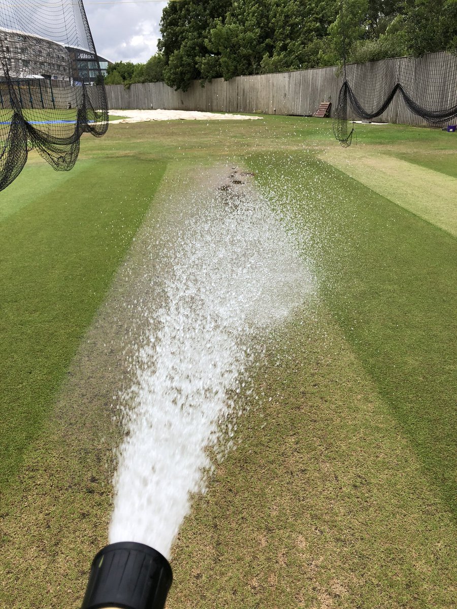 tomcowley17's tweet photo. Avoided the rain for a few hours this afternoon so we managed to get some water on the net they’ve been using cut the square at 12mm and continued ticking along the #England pitches with a brush cut roll #ageasbow #hampshire #cricket #england #teamworkinghard https://t.co/MseNLFQHJH