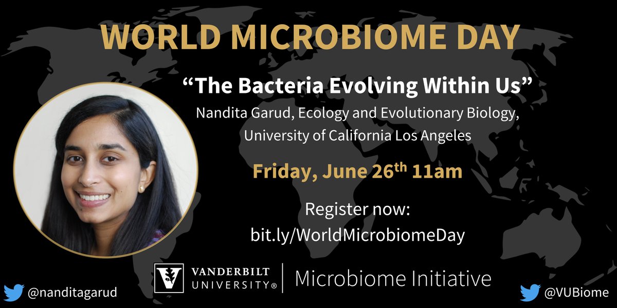 Announcement:📢📢📢#WorldMicrobiomeDay is in a week and we are excited to join our colleagues @WMicrobiomeDay around the globe for this event. Tune in to hear Dr. @nanditagarud present 'The Bacteria Evolving Within Us' June 26th at 11am. Register: bit.ly/WorldMicrobiom…