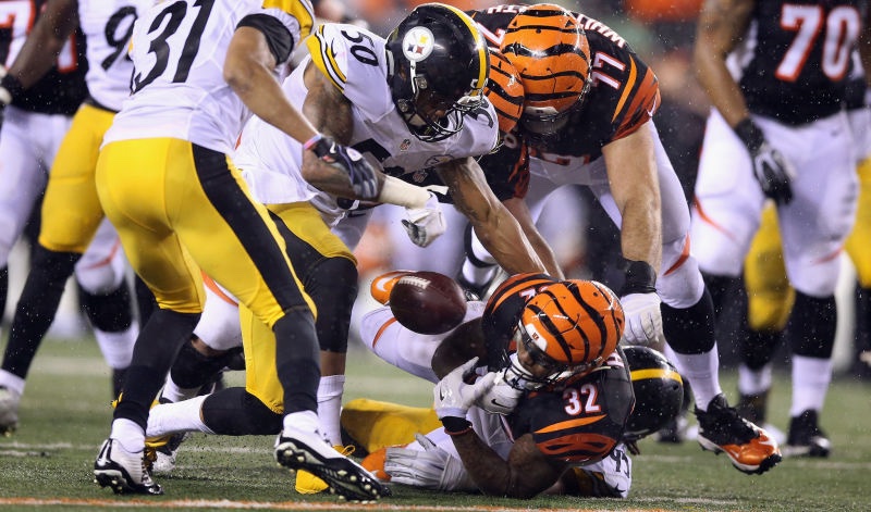 In that wildcard game against Pittsburgh, the Steelers nearly blew a 15-0 lead. After an interception from Vontaze Burfict, the game seemed like it was over, and it looked like the drought was done. Then this happens...