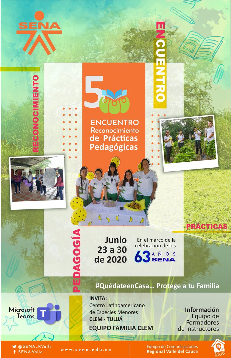 GermansSuarez's tweet photo. En el marco de los #63AñosSena el @SENA_RValle CLEM #Tuluá tiene el gusto de invitarte al 5to Encuentro de Reconocimiento de Prácticas Pedagógicas; jornadas que se desarrollarán del 23 al 30 de junio y dónde podrás fortalecer tus conocimientos a través de exitosas experiencias. https://t.co/ia4zx5zw4S