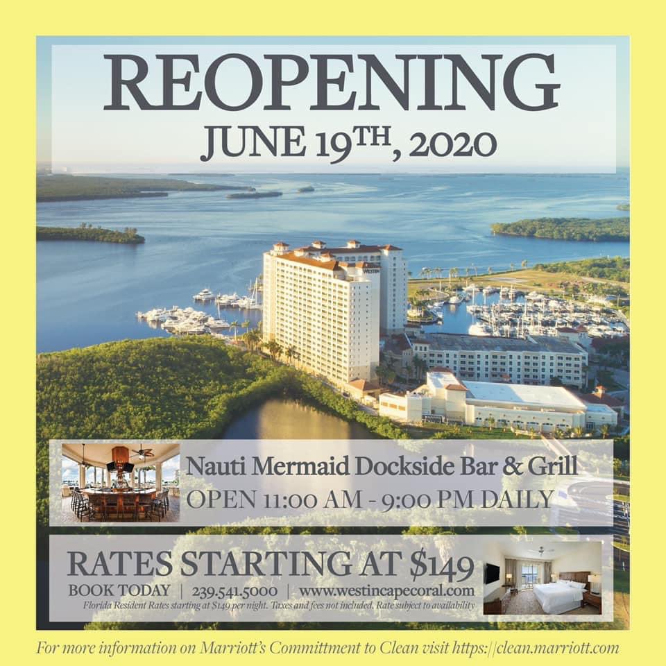 MawPawMedia's tweet photo. Hey South West Florida.. The Westin Hotel and Resorts in Cape Coral is Now Open! Book your room today, or enjoy Happy Hour at the Nauti Mermaid from 3:00PM-6:00PM. 🏢🏝☀️
•
•
#westinresort #southwestflorida #floridaisreopening #capecoral #florida #gulfcoast #centerofmagic https://t.co/diYJYYGUtv
