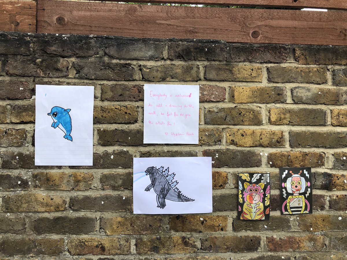 SueBrunningBM's tweet photo. North London community art wall, for those who wish to join in. Top marks for Godzilla. @Viral_Archive #ViralShadows https://t.co/t7nBjIcZBe