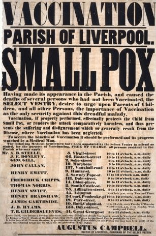 7) In 1848 the first Public Health Act caused the setting up of a Board of Health, and gave towns the right to appoint a Medical Officer of Health and in 1853 vaccination against smallpox was made compulsory.