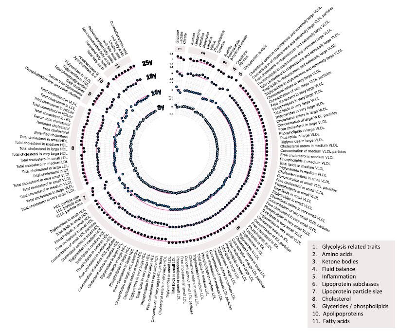 Traits altered include lower lipids in certain HDLs, higher BCAAs, & higher inflammatory GlycA. Higher BMI is also apparent from the start, which we know strongly influences such traits.