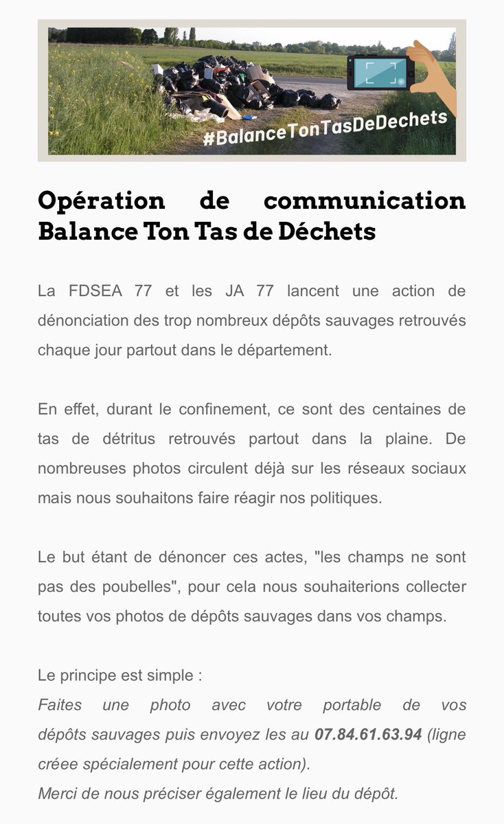 AgriAvenir's tweet photo. Opération #BalanceTonTadDeDechets organisée par la @FDSEA77 et les @JeunesAgri77 ➡️ lancement d’une action de dénonciation des trop nombreux dépôts sauvages retrouvés chaque jour partout dans le @Departement77 https://t.co/IkRNM15RR2
